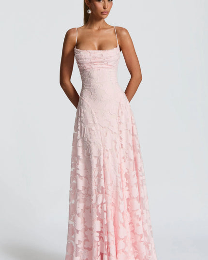 Front view blush pink floral maxi dress with draped cowl neckline and spaghetti straps