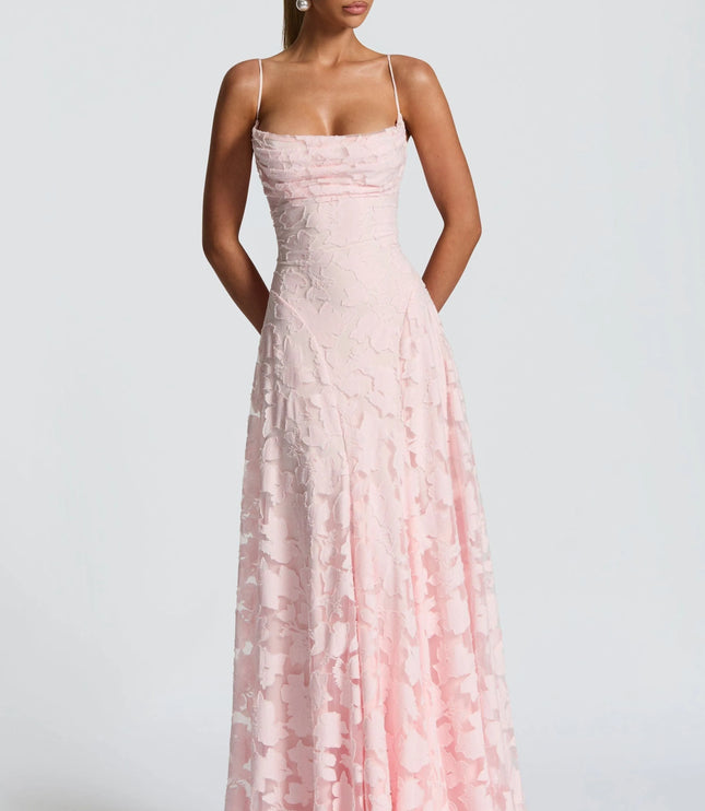 Front view blush pink floral maxi dress with draped cowl neckline and spaghetti straps