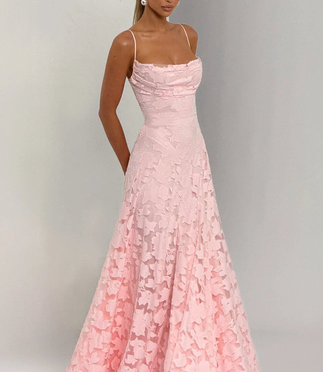 Studio shot blush floral wedding guest maxi dress, cowl neck bodice and A-line skirt