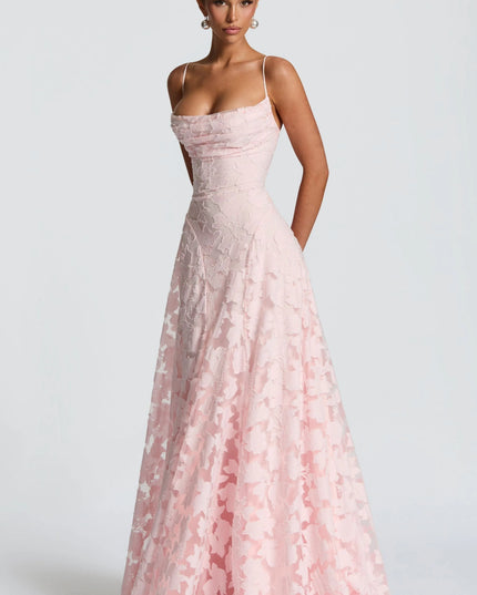 Blush floral cowl neck maxi dress angled front view showing fitted waist and flowy skirt