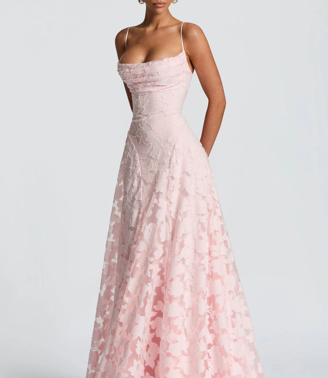 Blush floral cowl neck maxi dress angled front view showing fitted waist and flowy skirt