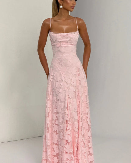 Blush pink floral cowl neck maxi dress front view, lightweight textured floral overlay