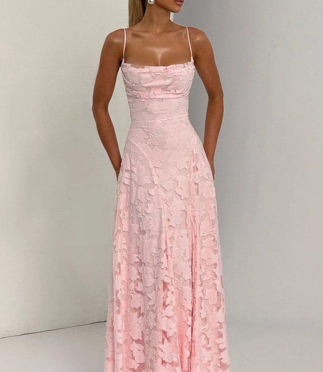 Blush pink floral cowl neck maxi dress front view, lightweight textured floral overlay
