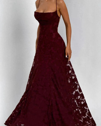 Burgundy floral maxi dress angled view showing draped cowl neckline and flared hem