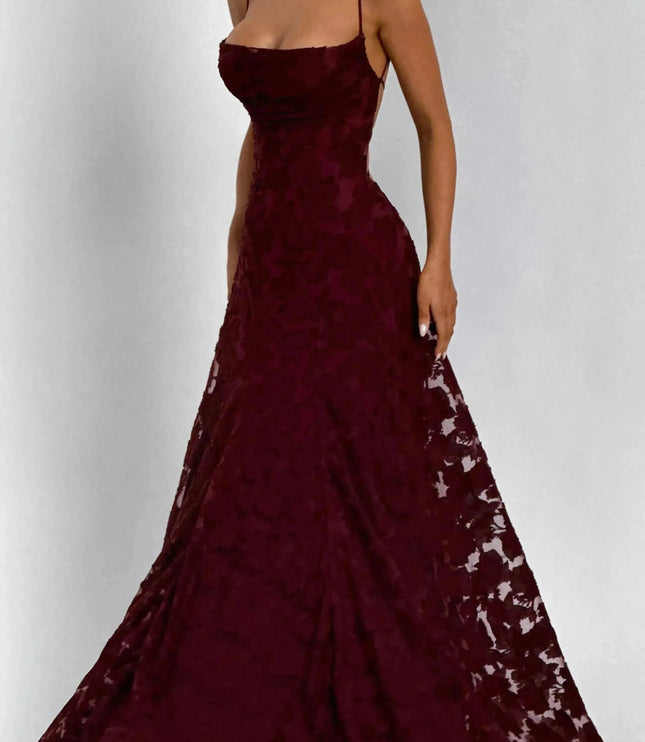 Burgundy floral maxi dress angled view showing draped cowl neckline and flared hem