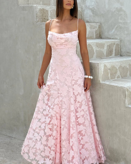 Blush pink floral cowl neck maxi dress with spaghetti straps, full-length front view