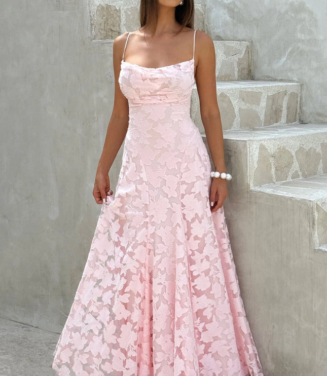 Blush pink floral cowl neck maxi dress with spaghetti straps, full-length front view