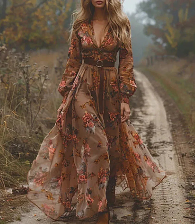 Tan floral V neck maxi dress with long sleeves and belt worn on a model outdoors