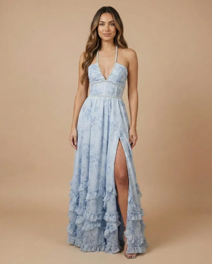 Light blue floral halter maxi dress with deep V neckline and thigh slit