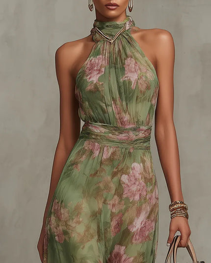 Close-up front view of women floral halter maxi dress with halter neckline and waist detail