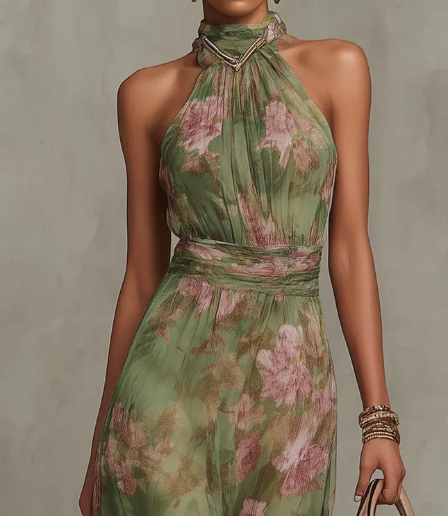Close-up front view of women floral halter maxi dress with halter neckline and waist detail