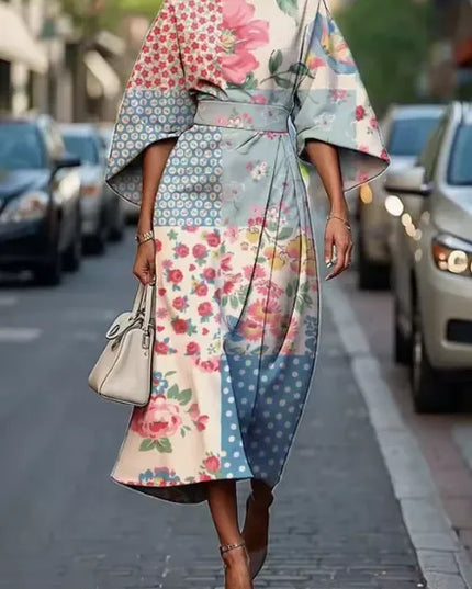 Patchwork floral kimono sleeve midi dress with wrap waist and wide sleeves