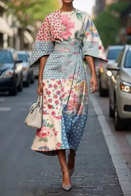 Patchwork floral kimono sleeve midi dress with wrap waist and wide sleeves