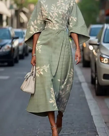 Sage green floral kimono sleeve midi dress with subtle leaf print and tie waist