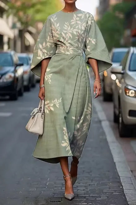 Sage green floral kimono sleeve midi dress with subtle leaf print and tie waist
