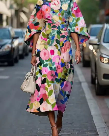Colorful floral kimono sleeve midi dress with wide sleeves and belted waist
