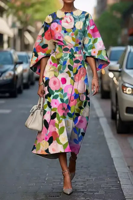 Colorful floral kimono sleeve midi dress with wide sleeves and belted waist