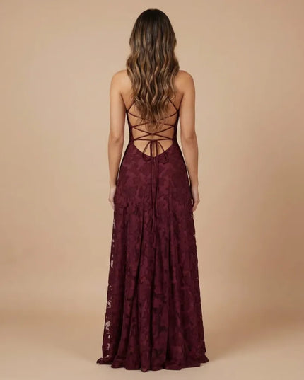 Back view of burgundy floral lace maxi dress with crisscross spaghetti straps and open back