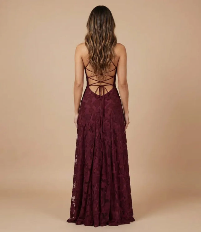 Back view of burgundy floral lace maxi dress with crisscross spaghetti straps and open back