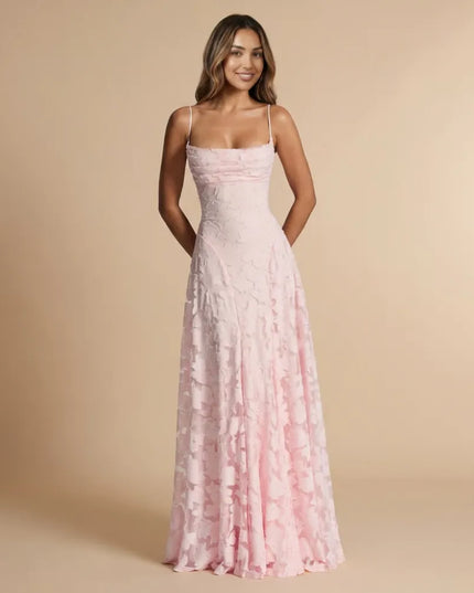 Light pink floral lace spaghetti strap maxi dress with ruched bodice and full-length skirt
