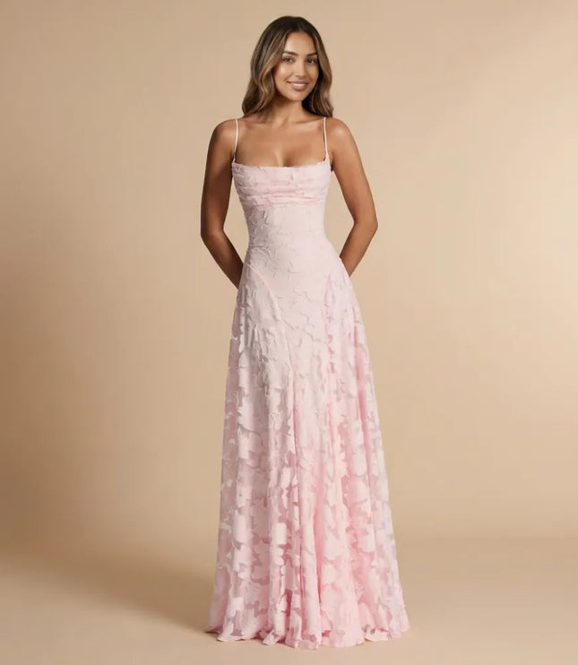 Light pink floral lace spaghetti strap maxi dress with ruched bodice and full-length skirt