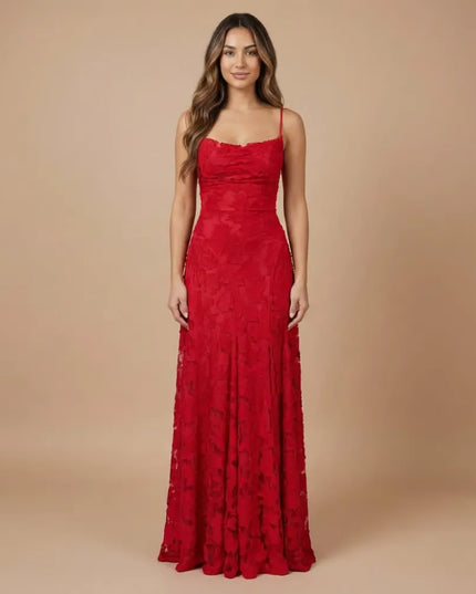 Red floral lace spaghetti strap maxi dress with fitted waist and floor-length skirt