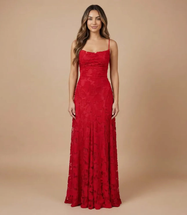 Red floral lace spaghetti strap maxi dress with fitted waist and floor-length skirt