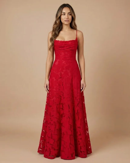 Front view of red floral lace maxi dress with spaghetti straps and ruched neckline