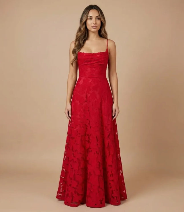 Front view of red floral lace maxi dress with spaghetti straps and ruched neckline