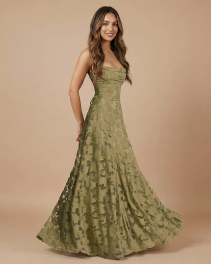 Olive green floral lace spaghetti strap maxi dress with fitted bodice and flowing hem