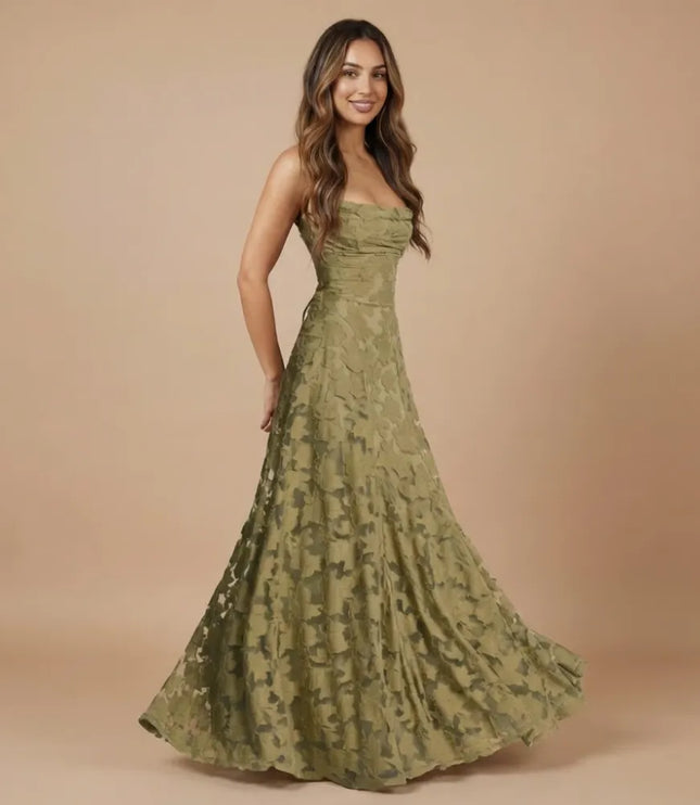 Olive green floral lace spaghetti strap maxi dress with fitted bodice and flowing hem