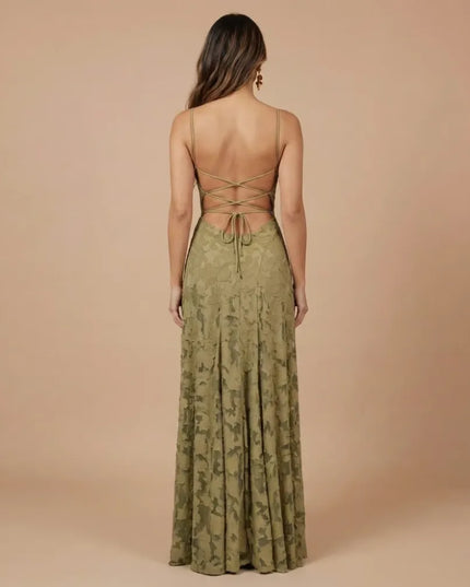 Back view of olive green floral lace maxi dress with crisscross spaghetti straps and open back