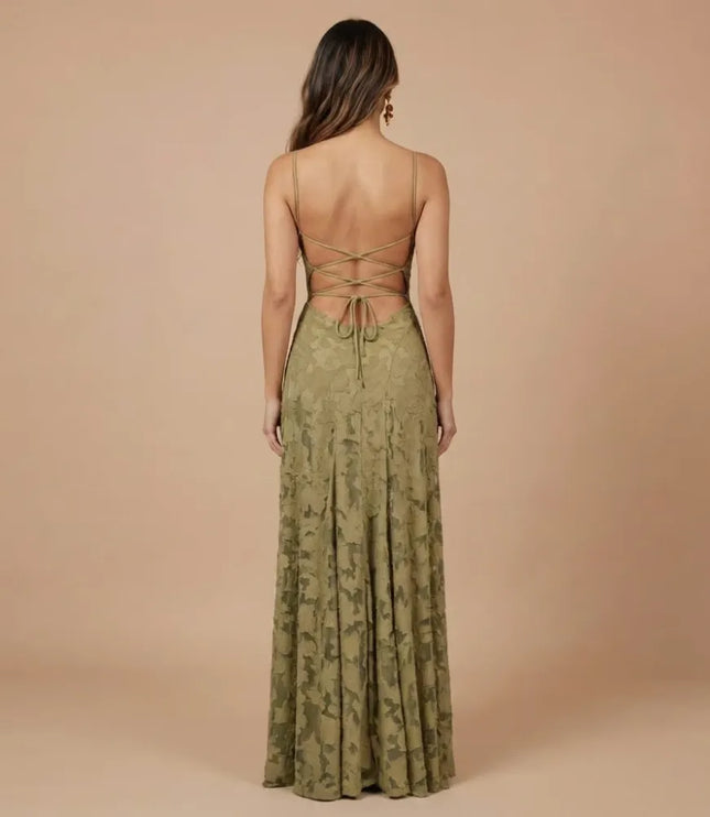 Back view of olive green floral lace maxi dress with crisscross spaghetti straps and open back