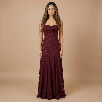 Burgundy floral lace spaghetti strap maxi dress with fitted bodice and flowing skirt