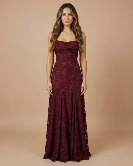 Burgundy floral lace spaghetti strap maxi dress with fitted bodice and flowing skirt