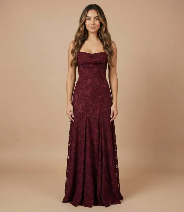 Burgundy floral lace spaghetti strap maxi dress with fitted bodice and flowing skirt