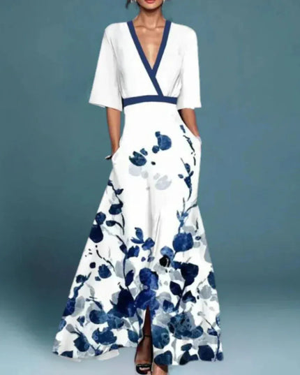 Women floral V neck maxi dress in white with blue print, pockets and short sleeves
