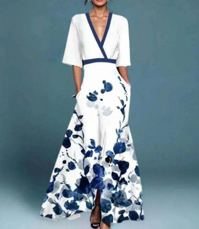 Women floral V neck maxi dress in white with blue print, pockets and short sleeves