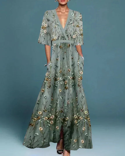 Women floral V neck maxi dress in sage green with pockets and short sleeves