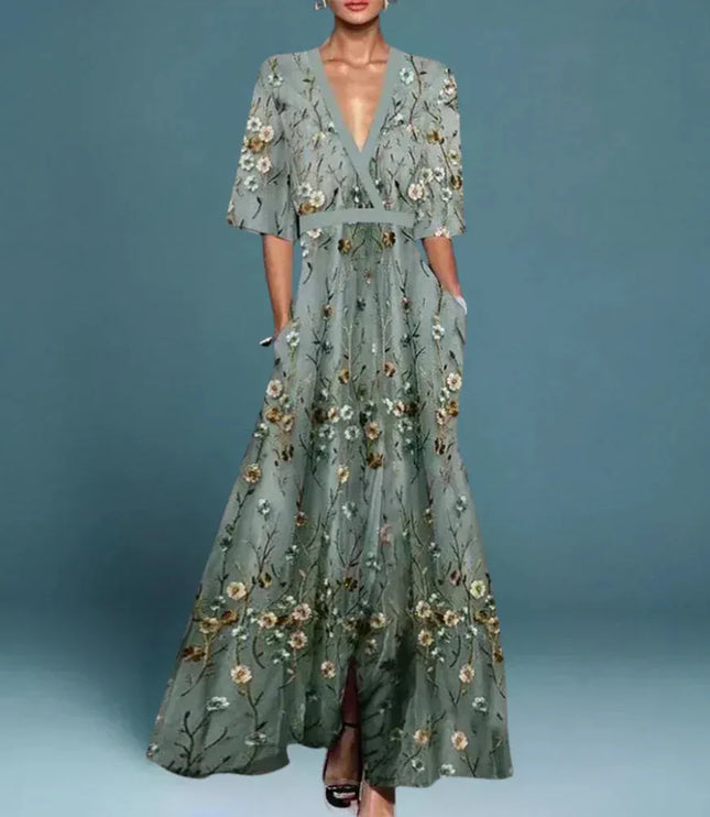 Women floral V neck maxi dress in sage green with pockets and short sleeves