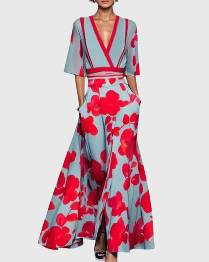 Women printed V neck maxi dress in light blue with red floral print and short sleeves