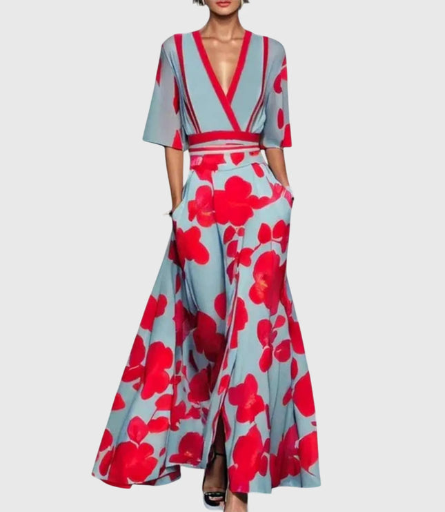 Women printed V neck maxi dress in light blue with red floral print and short sleeves