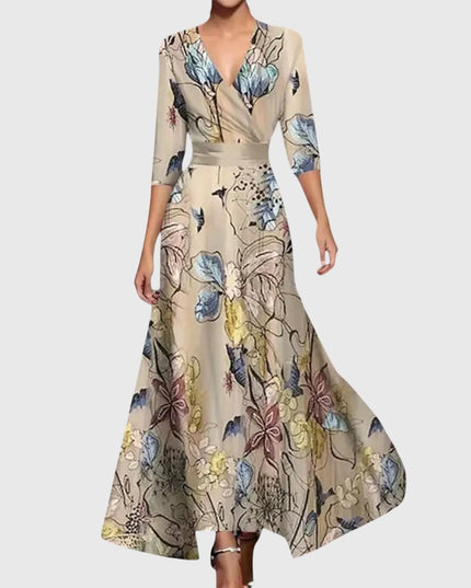 Women printed V neck maxi dress in beige with multicolor floral pattern and long sleeves