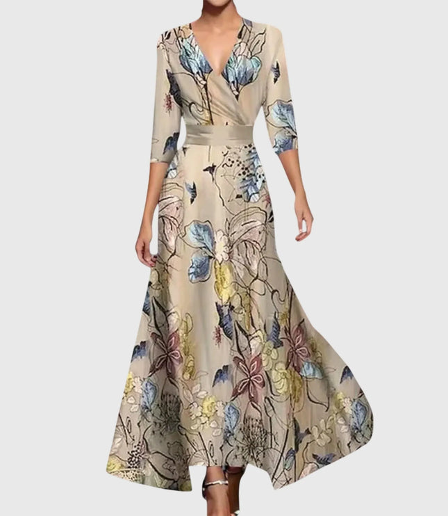 Women printed V neck maxi dress in beige with multicolor floral pattern and long sleeves