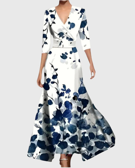 Women printed V neck maxi dress in white with navy floral print and three-quarter sleeves