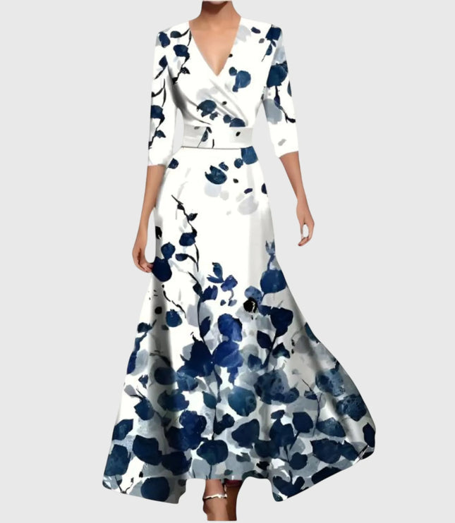 Women printed V neck maxi dress in white with navy floral print and three-quarter sleeves