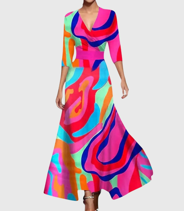 Women printed V neck maxi dress with bright multicolor abstract pattern and long sleeves