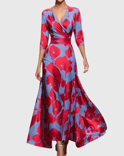 Women printed V neck maxi dress with red and blue floral pattern, long sleeves