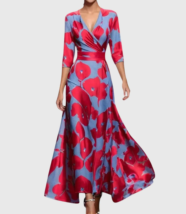 Women printed V neck maxi dress with red and blue floral pattern, long sleeves