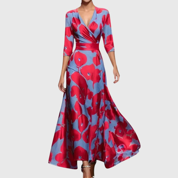 Women printed V neck maxi dress with red and blue floral pattern, long sleeves